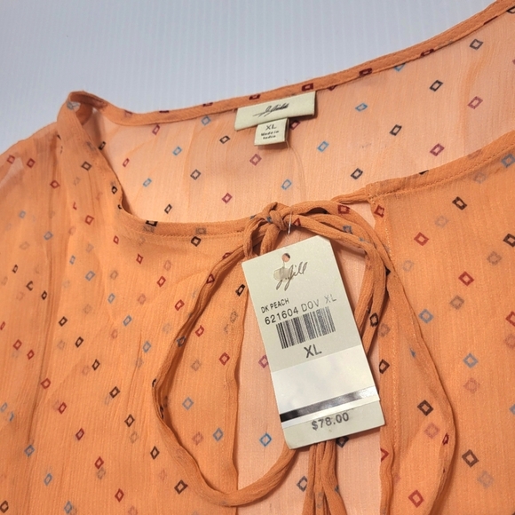 J.Jill 100% Silk Print Tie Front Blouse Womens XL New MSRP $78 Peach Coral Sheer - Picture 2 of 9